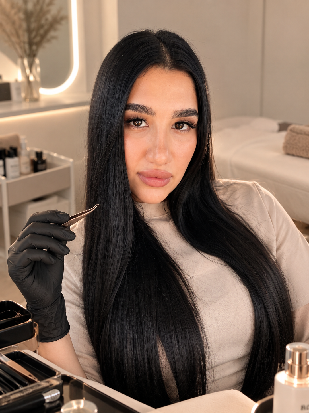Silvia, brow and lash specialist in Coventry, holding brow tweezers in her treatment room